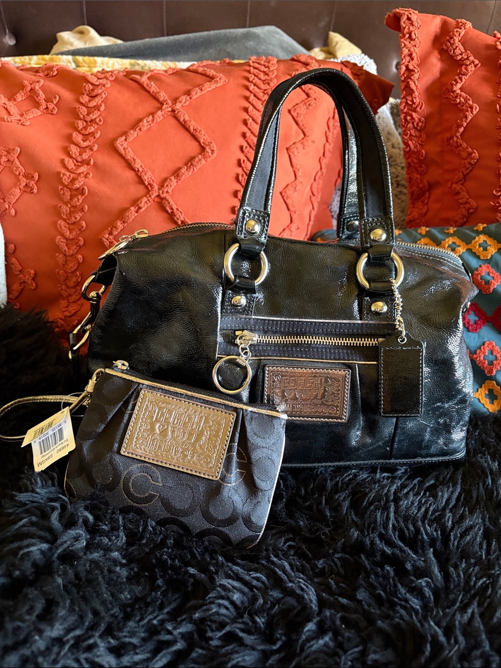 Coach Poppy Black Patent Leather Satchel with Signature Poppy Wristlet
